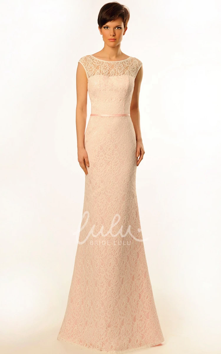 Scoop Lace Sheath Prom Dress with Cap-Sleeves Low-V Back and Brush Train