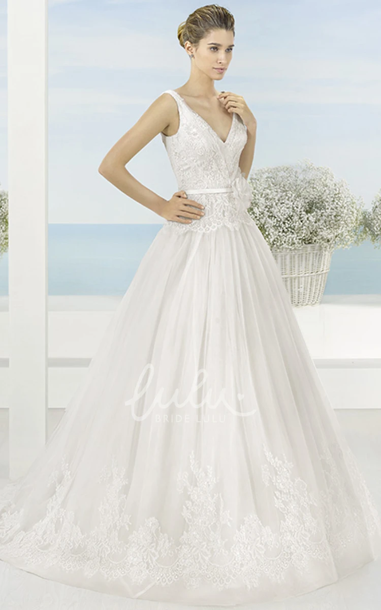 V-Neck Appliqued Tulle Wedding Dress with Flower & Pleats A-Line