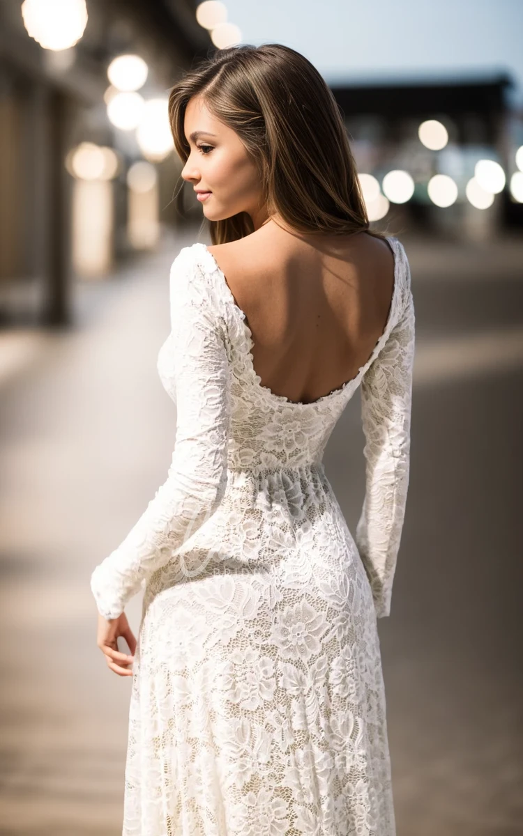 Bohemian Long Sleeve Modest Mermaid Long Sleeve Summer Wedding Gown Simple Modest Lace Sheath Low-V Back Dress for Women