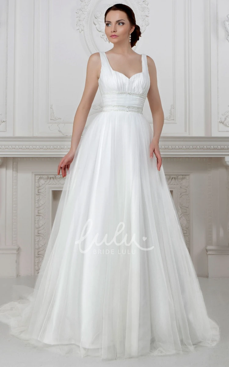 Floor-Length A-Line Tulle&Satin Wedding Dress with Beading Simple and Classy Bridal Gown