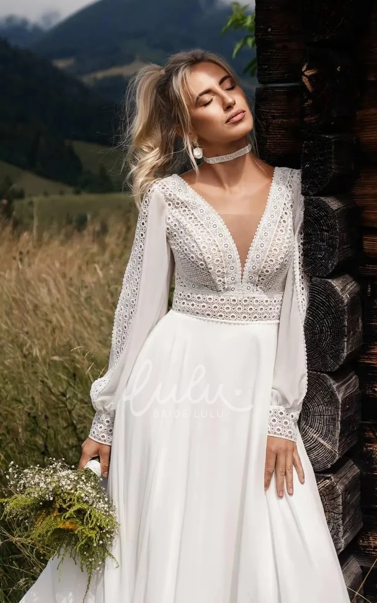 Boho Lace Chiffon Plunging V-neck A-Line Wedding Dress Country Romantic Solid Puff Long Sleeve Floor-length Low-V Back Bridal Gown with Train