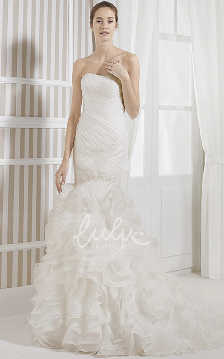 Strapless Trumpet Organza Wedding Dress with Ruching Beading and Ruffles Modern Wedding Dress