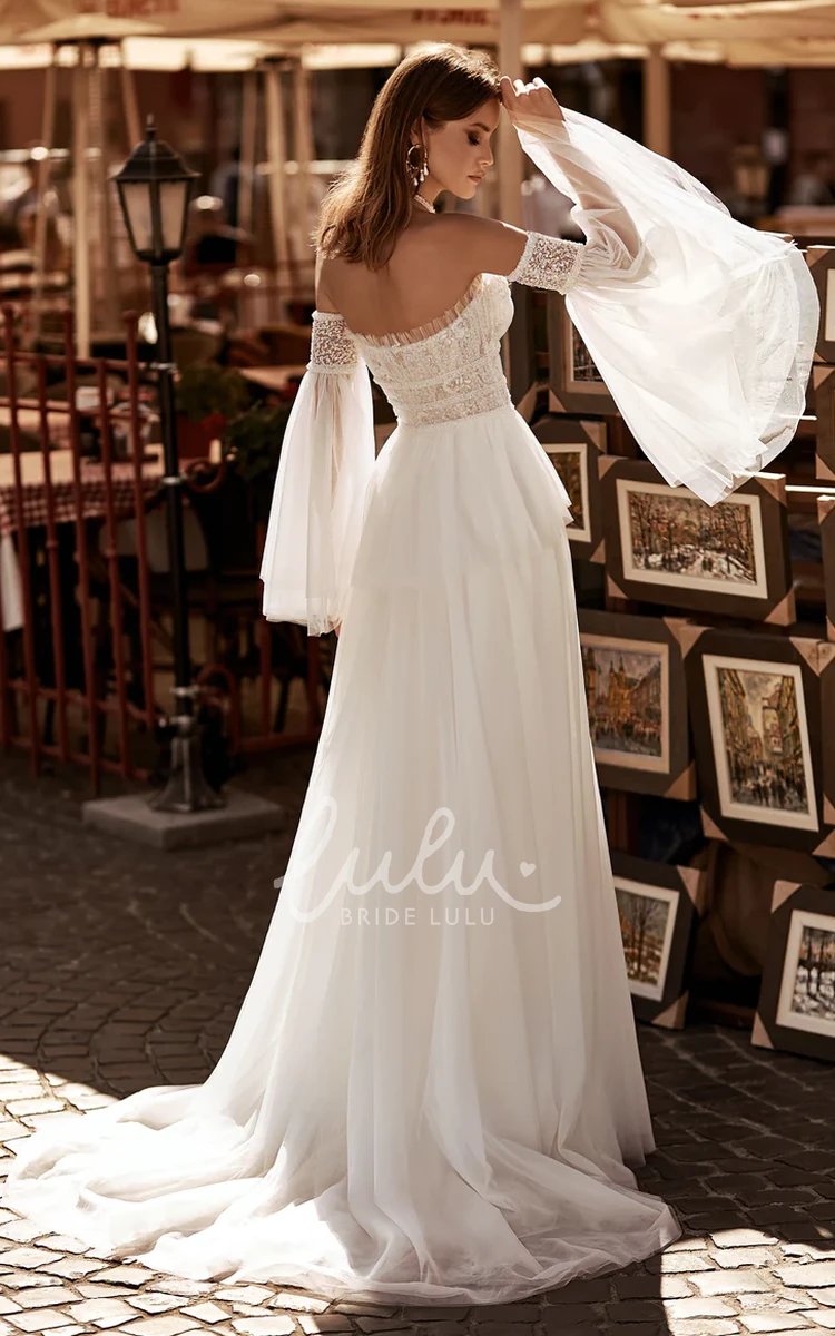Ethereal A-Line Lace Sweep Train Country Wedding Dress Lace with Long Sleeve
