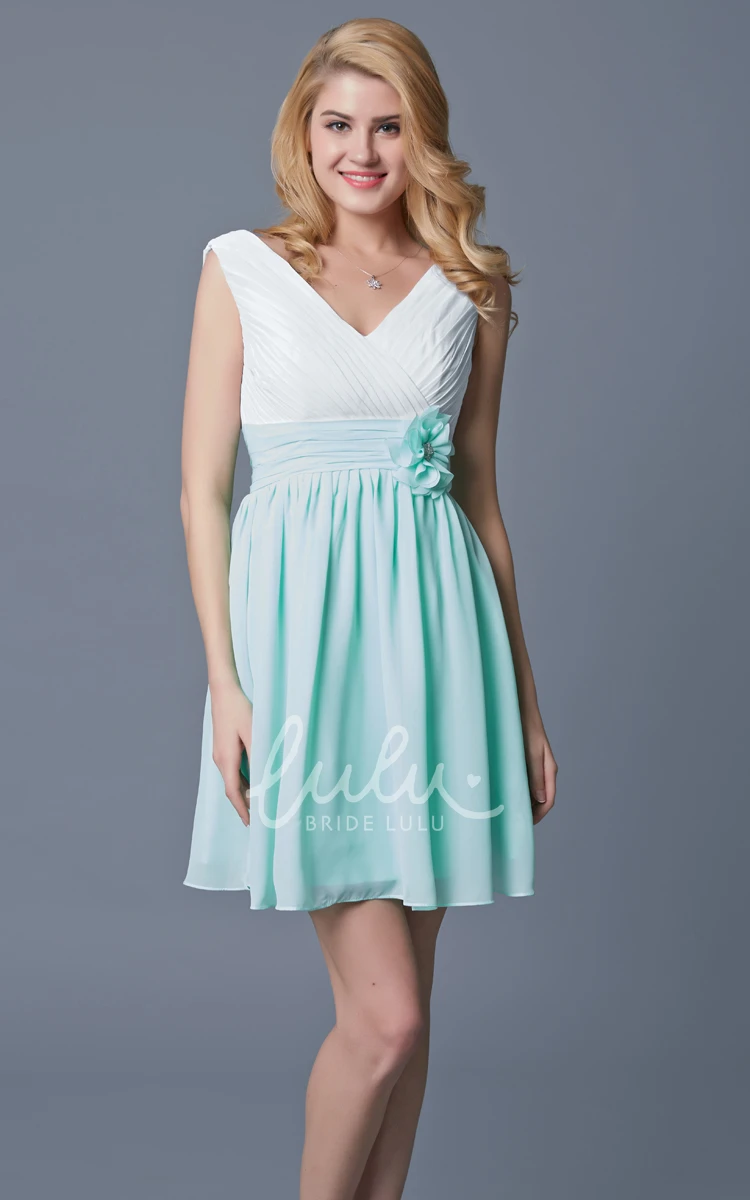 A-line Sleeveless Pleated Chiffon Bridesmaid Dress With Flower Belt Short Classy Unique