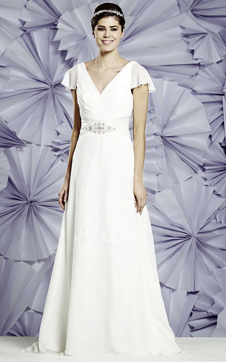 V-Neck Ruched Chiffon Wedding Dress with Poet Sleeves and Waist Jewelry Elegant Wedding Dress