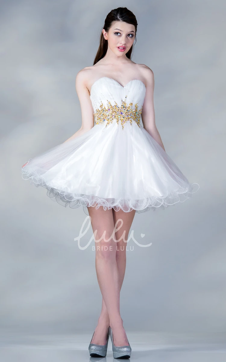 Sweetheart Satin A-Line Mini Dress with Ruffles and Waist Jewelry Formal Dress
