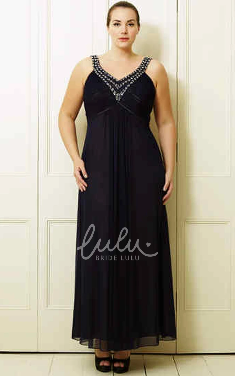 Plus Size Chiffon Prom Dress with Ruched V-Neck Beading and Sleeveless