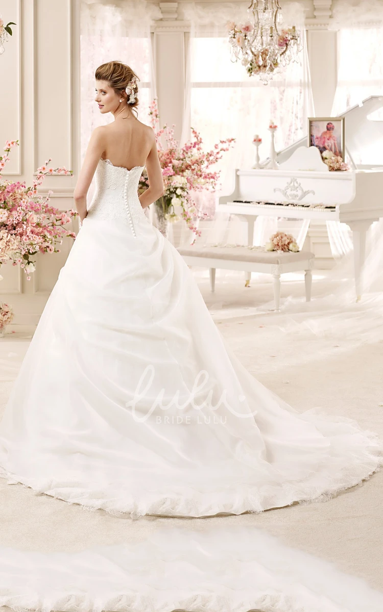 Flower Embellished Strapless A-line Wedding Dress with Asymmetrical Overlayer Classic Bridal Gown