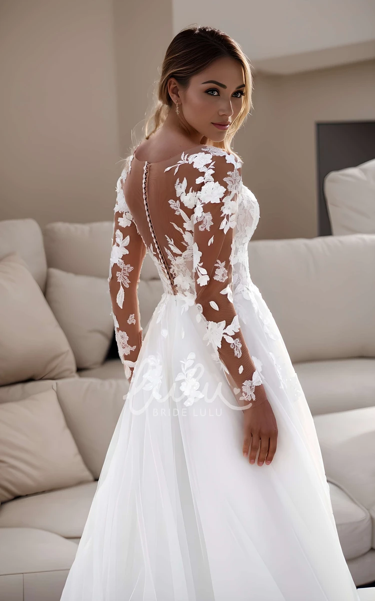 Princess Elegant Plunging Neckline A-Line Sheer Long Sleeve Winter Wedding Dress Classic Sexy Illusion Back Beach Garden Bridal Gown