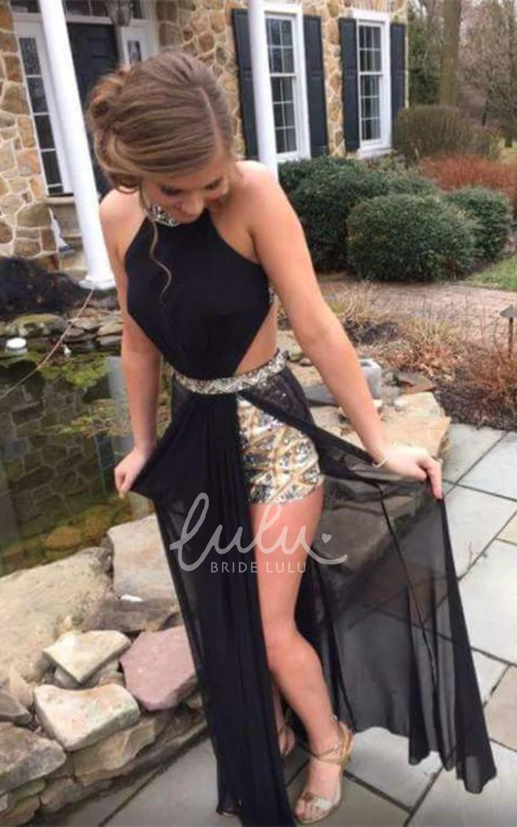 Halter Crystal Chiffon Prom Dress Sexy Black Flowy