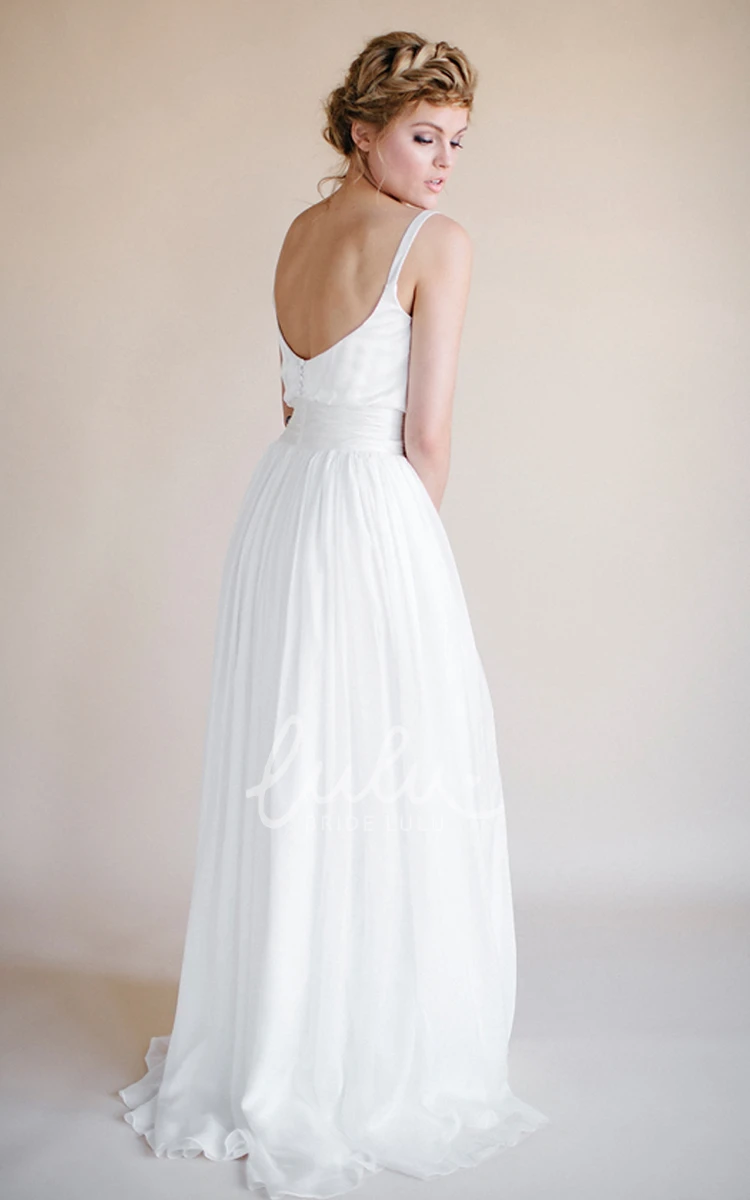 Chiffon Spaghetti Floor-Length Wedding Dress with V Back Classic Bridal Gown