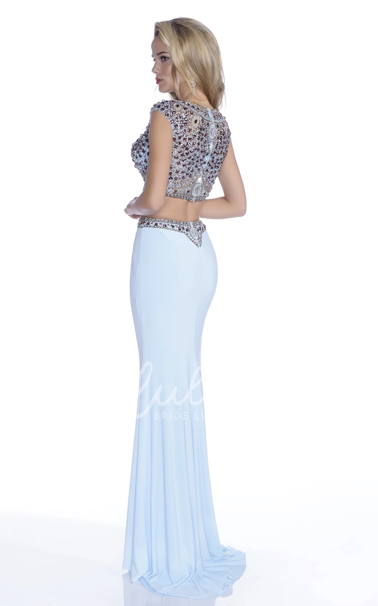 Jersey Sheath Cap Sleeve Prom Dress with Jeweled Bodice Classy Prom Dress