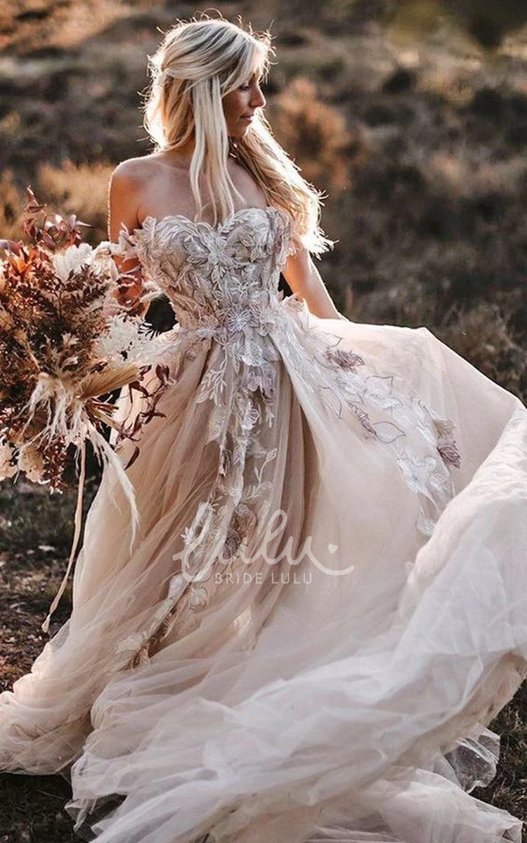 Stunning Off-the-Shoulder Rustic Boho Wedding Gown 2024 Romantic Beach Country Lace 3D Floral Backless