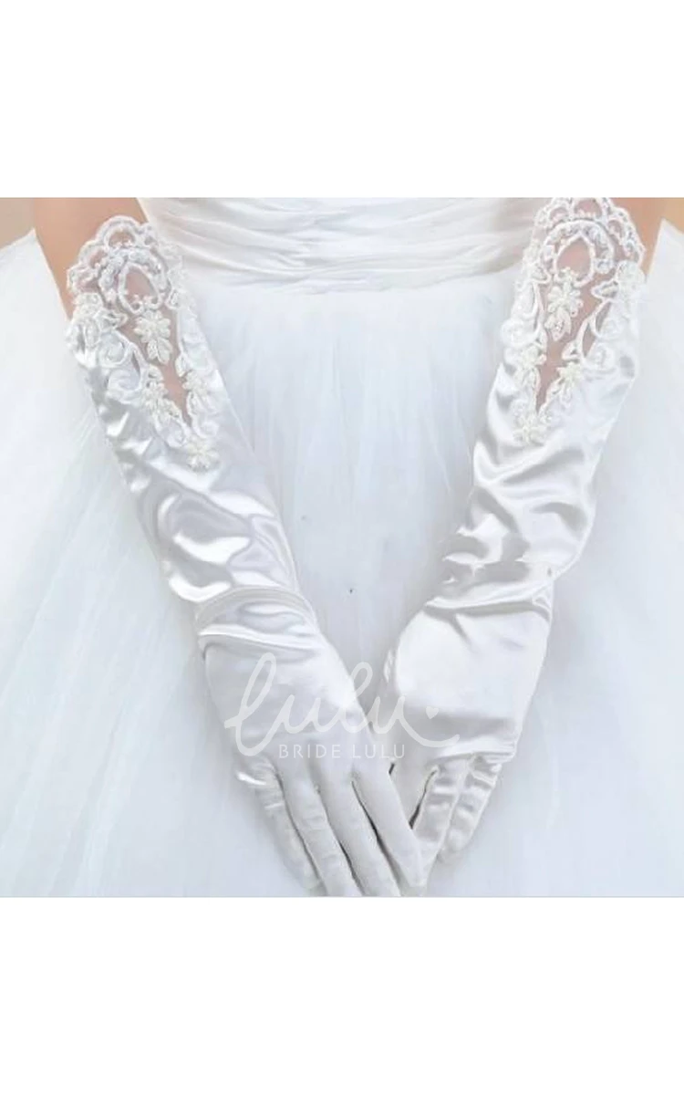 Stretch Satin Sequin Beaded Wedding Dress Gloves White Long Length