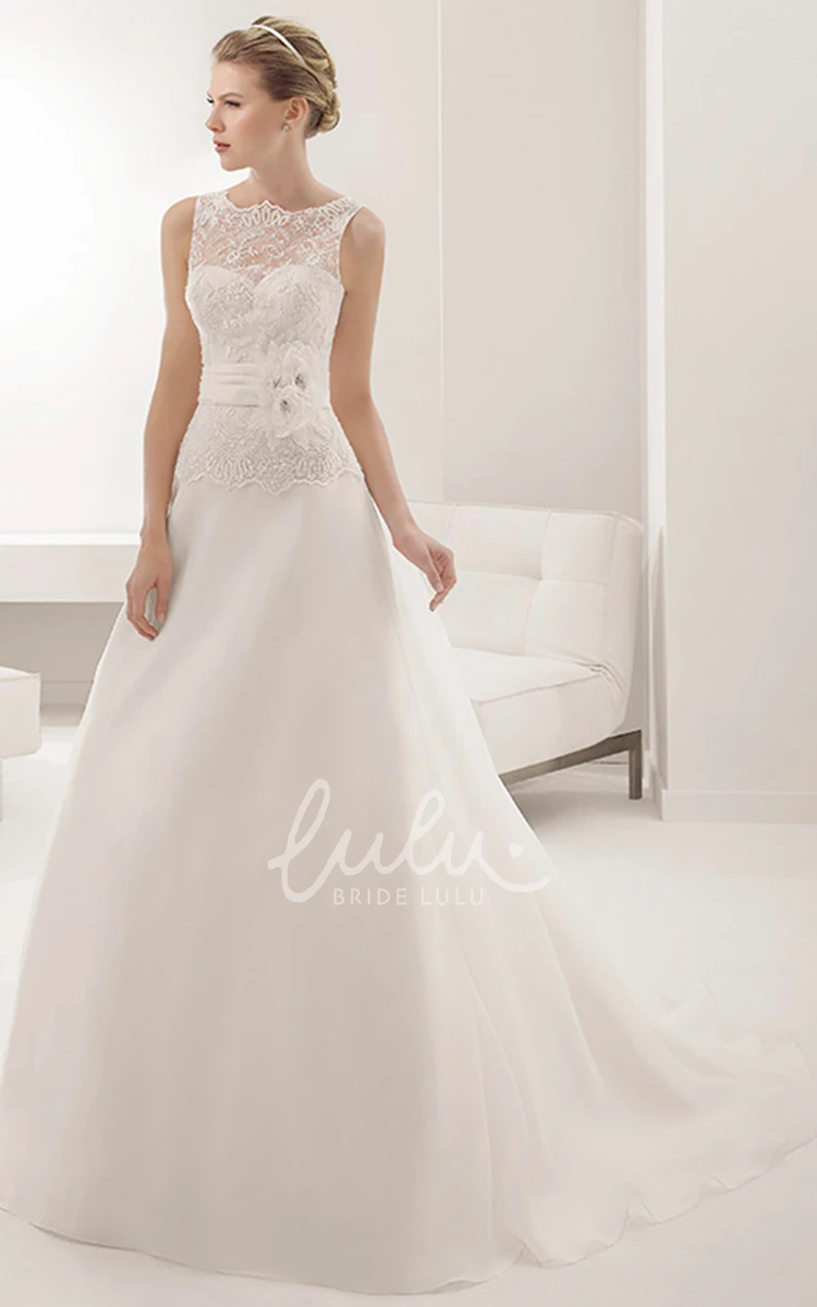 Illusion Neckline A-Line Wedding Dress with Sleeveless Design and Waist Flower Embellishment