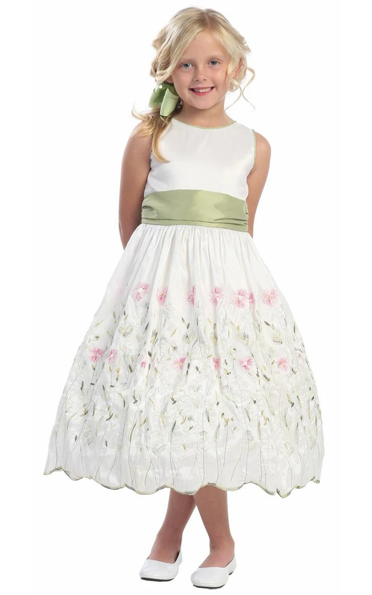 Embroidered Taffeta Tea-Length Flower Girl Dress with Floral Bow