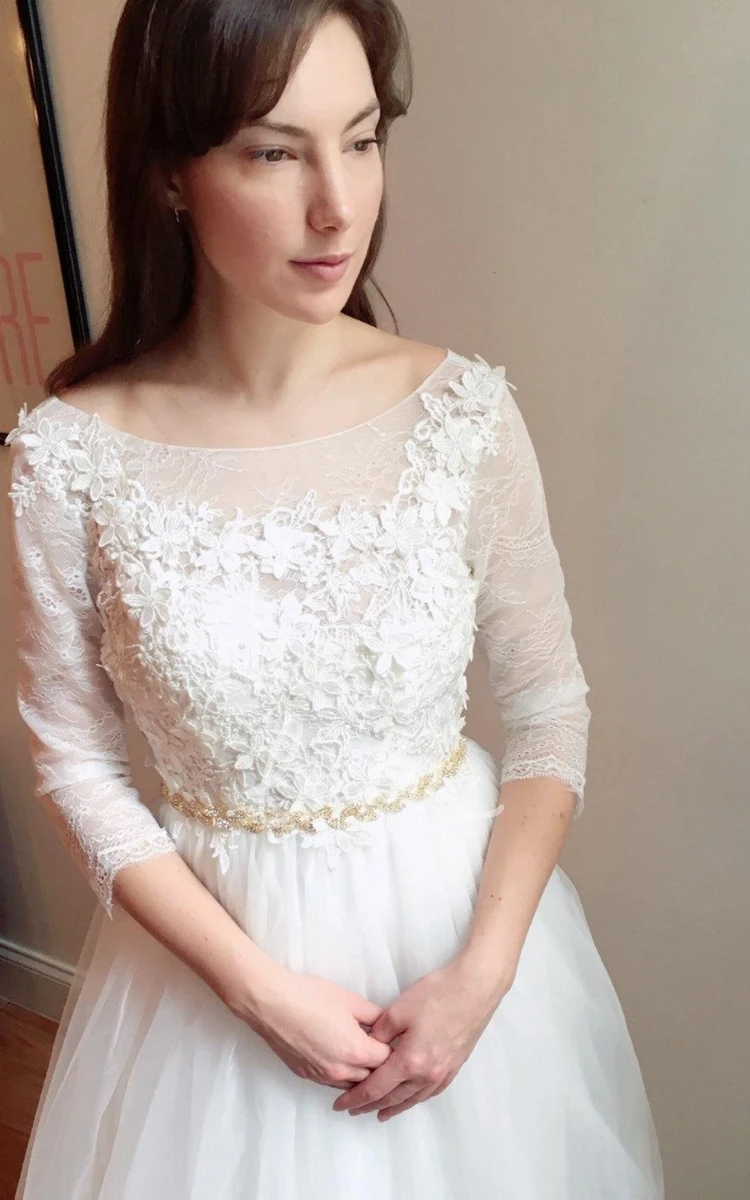 Flower Lace 3/4 Sleeve Wedding Dress