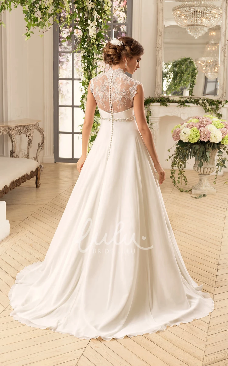 High-Neck Sleeveless Chiffon Wedding Dress with Lace and Waist Jewelry