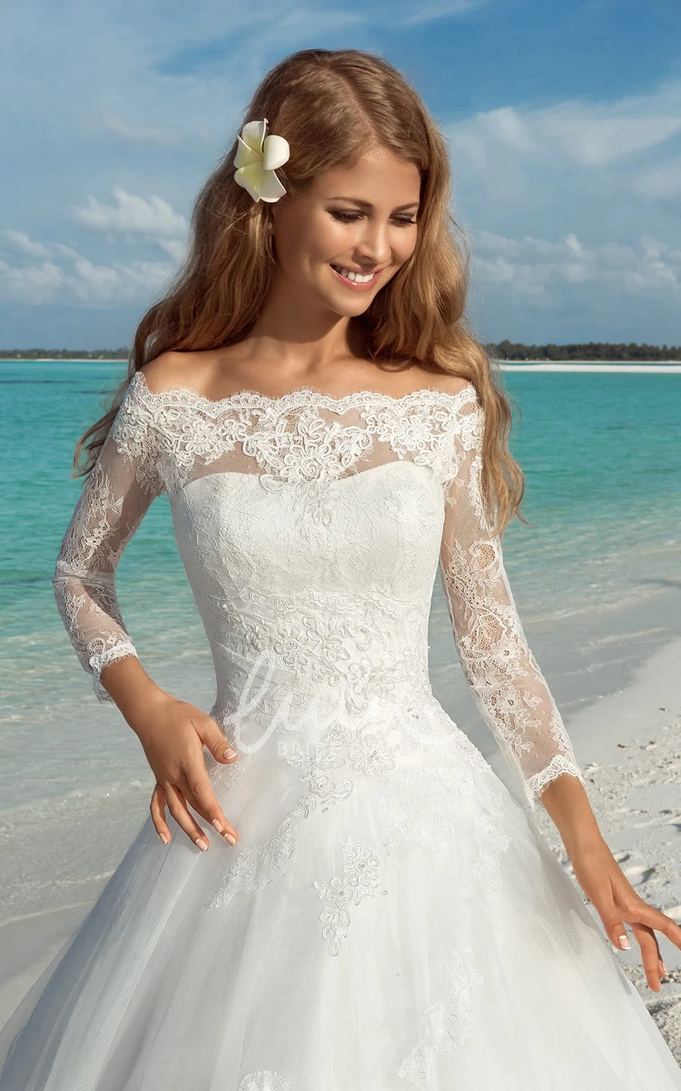 Lace-Up Organza A-Line Wedding Dress with Off-The-Shoulder Sleeves and Appliques