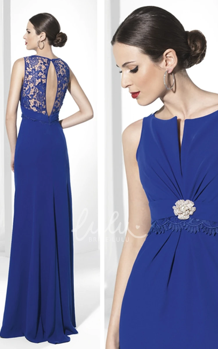 Sleeveless Chiffon Sheath Prom Dress with Broach and Lace Flowy Prom Dress