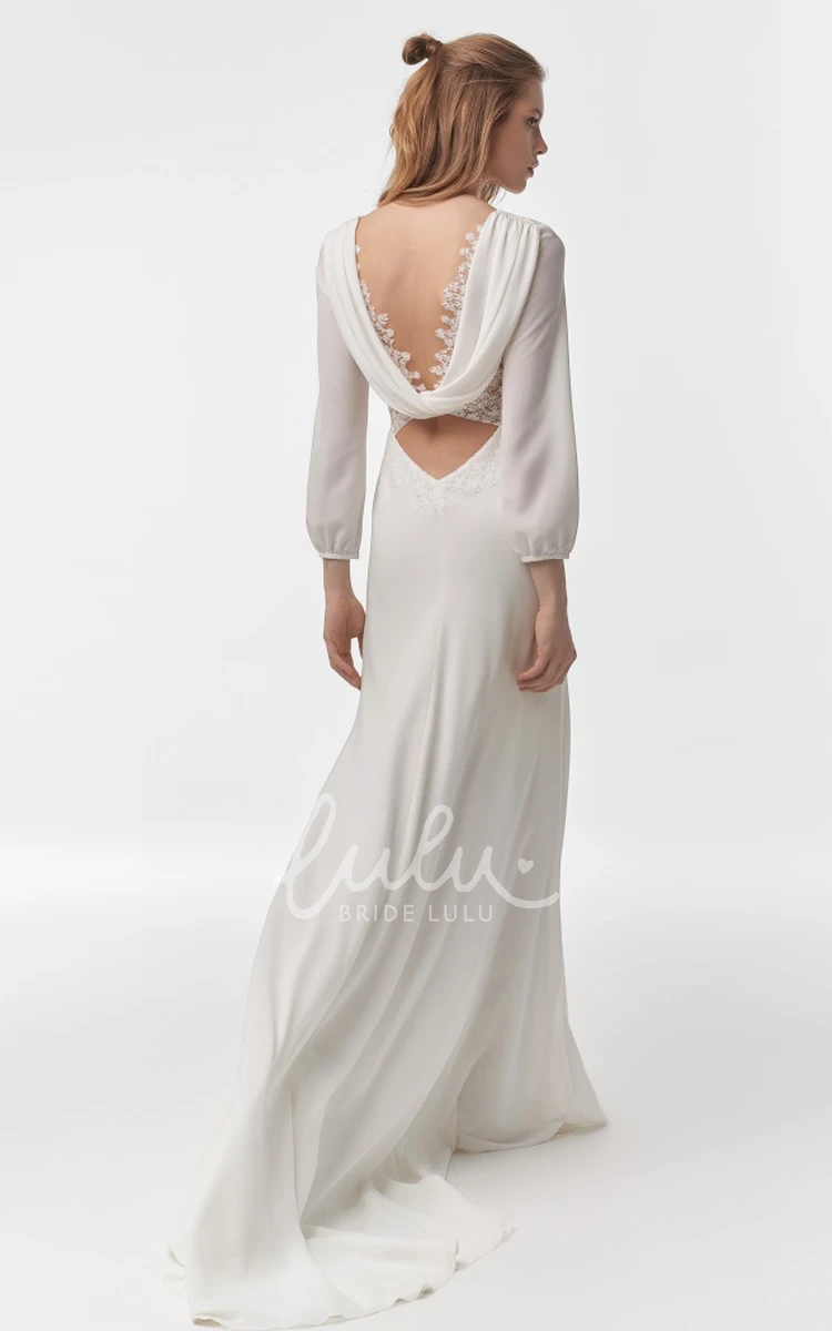 Simple Chiffon Sheath Wedding Dress with V-neck and Long Sleeves Casual Wedding Dress