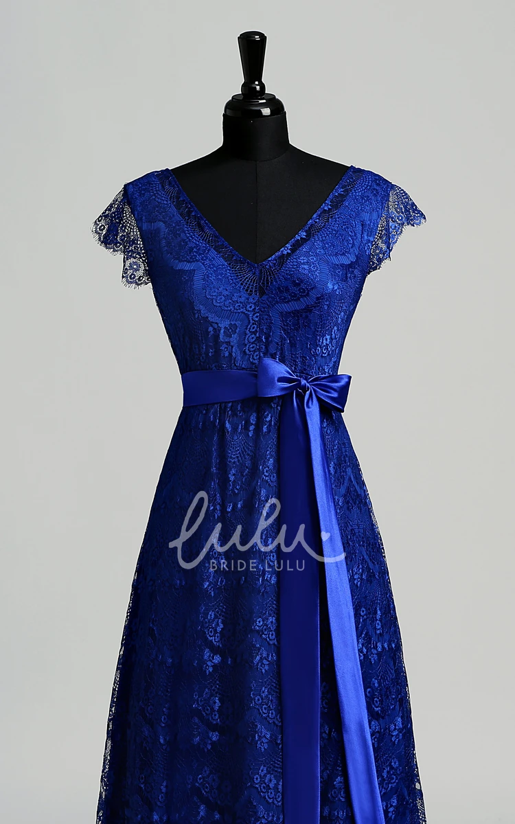 Cap Sleeve V-neck Lace Bridesmaid Dress with Ribbon