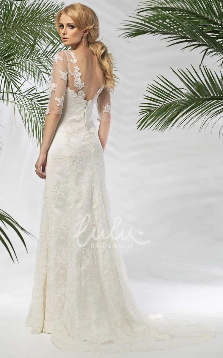 Half-Sleeve Sheath Lace Wedding Dress Appliqued V-Neck Long