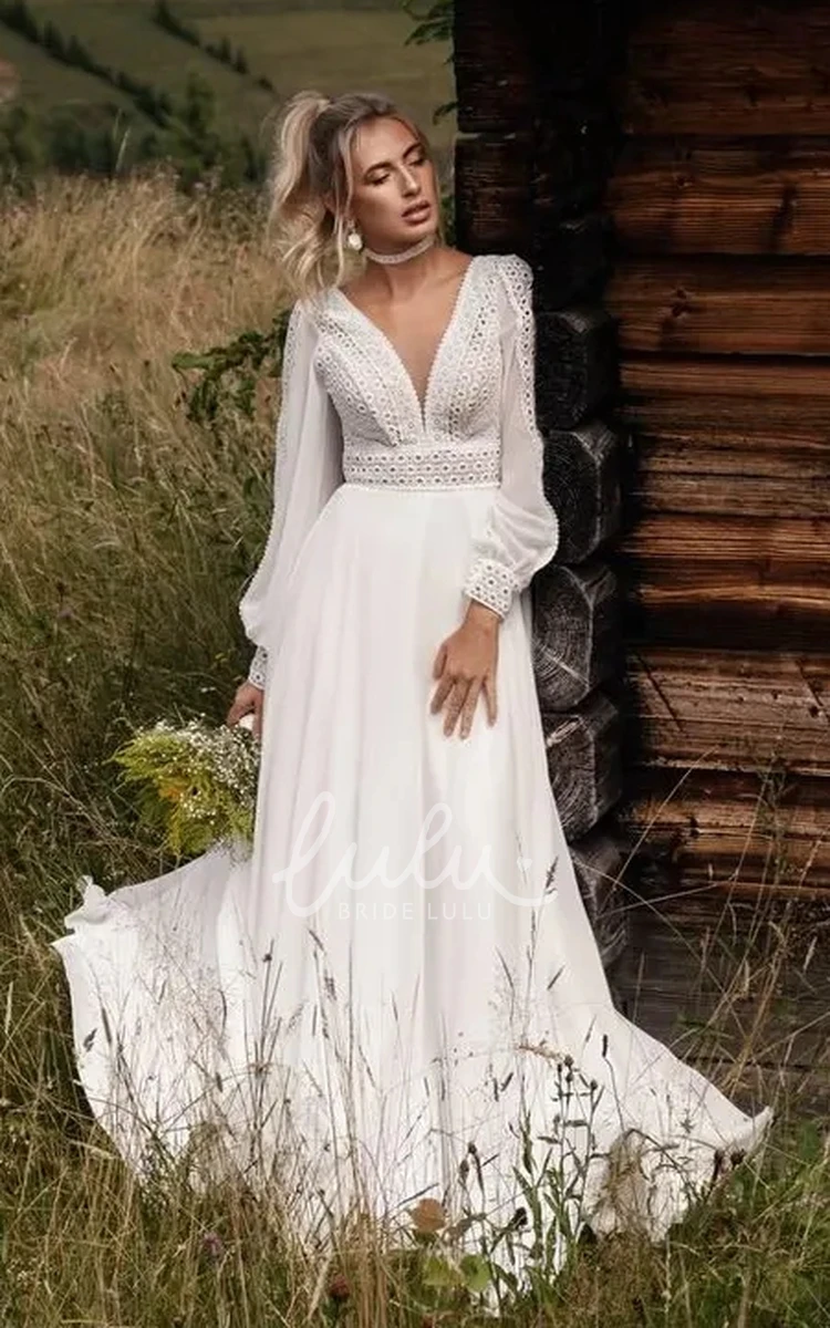 Boho Lace Chiffon Plunging V-neck A-Line Wedding Dress Country Romantic Solid Puff Long Sleeve Floor-length Low-V Back Bridal Gown with Train