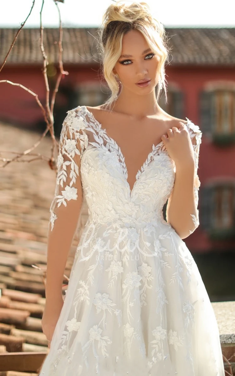Casual A Line Wedding Dress with Appliques Plunging Neckline and Ruching Beach Wedding Dress