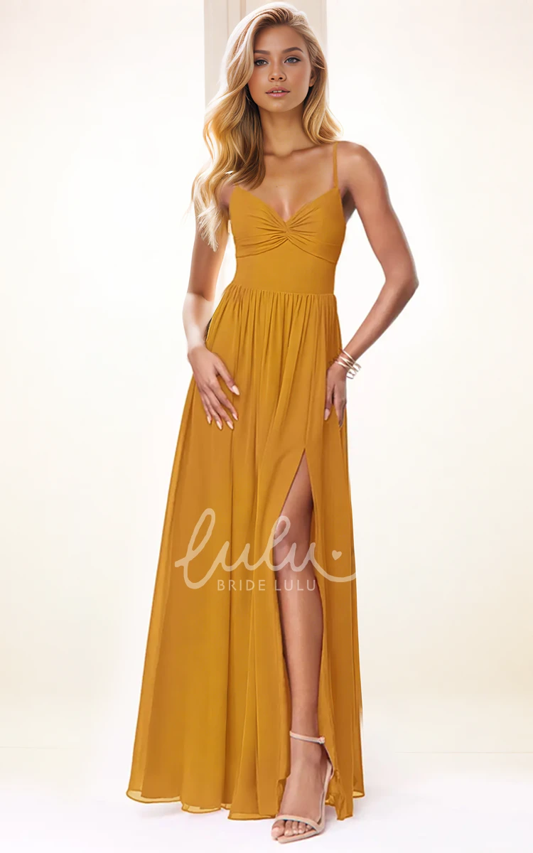 Solid Casual Chiffon A-Line Spaghetti V-neck Bridesmaid Dress Modern Simple Plus Size Floor-length Straps Sleeveless Tied Back Split Front Evening Dress