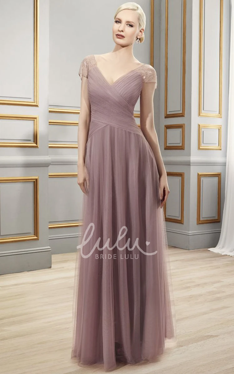 Ruched V-Neck Tulle Floor-Length Formal Formal Dress with Illusion Back