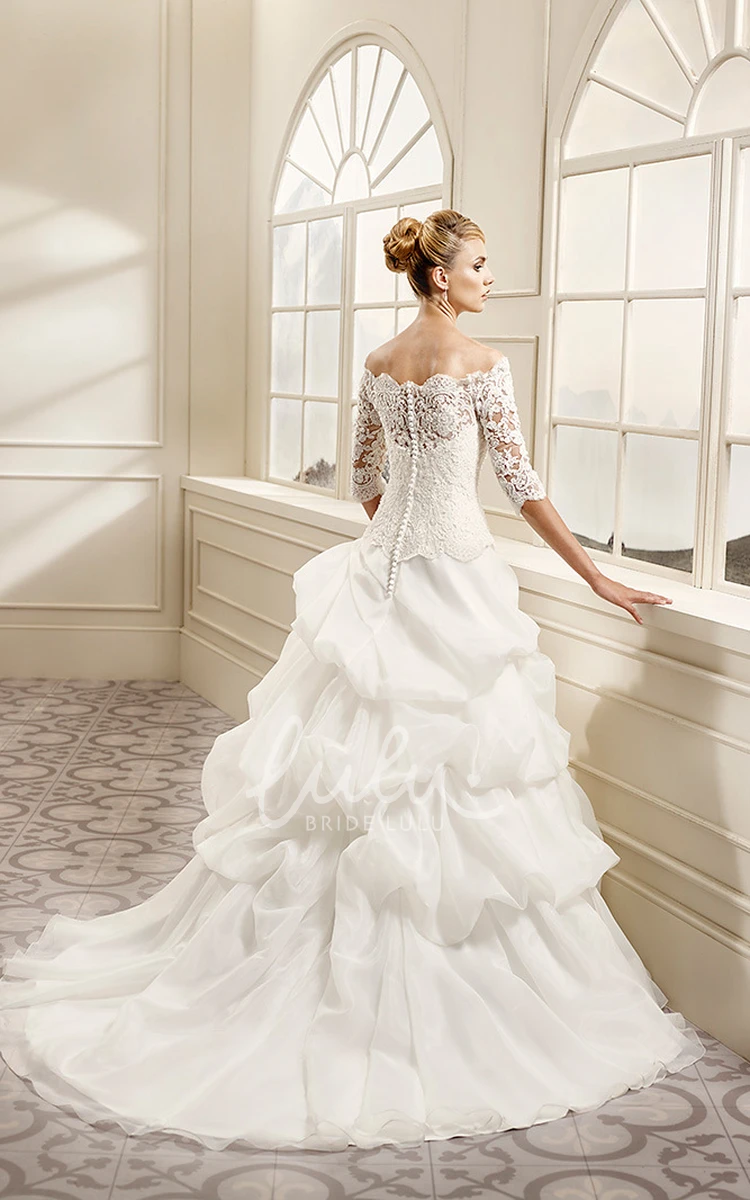 Off-The-Shoulder Organza A-Line Wedding Dress with Appliques and Tiers