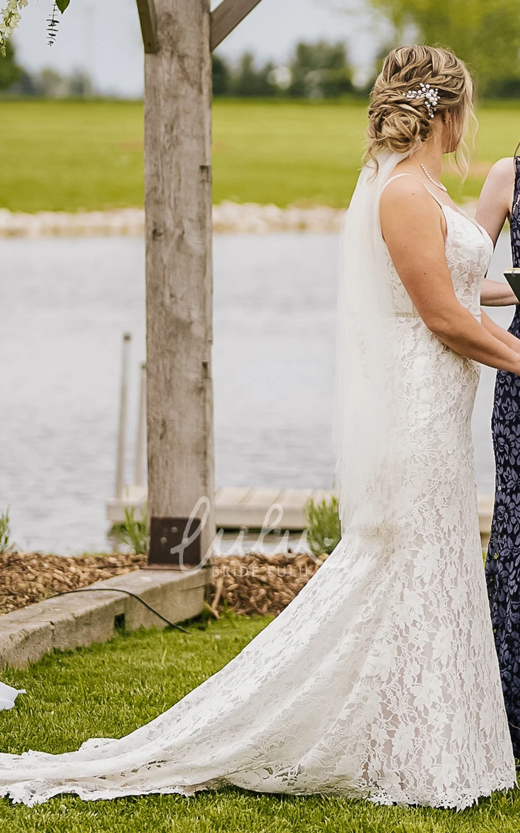 Elegant Lace Floral Spaghetti Deep V-Neck Sexy Wedding Dress With Train