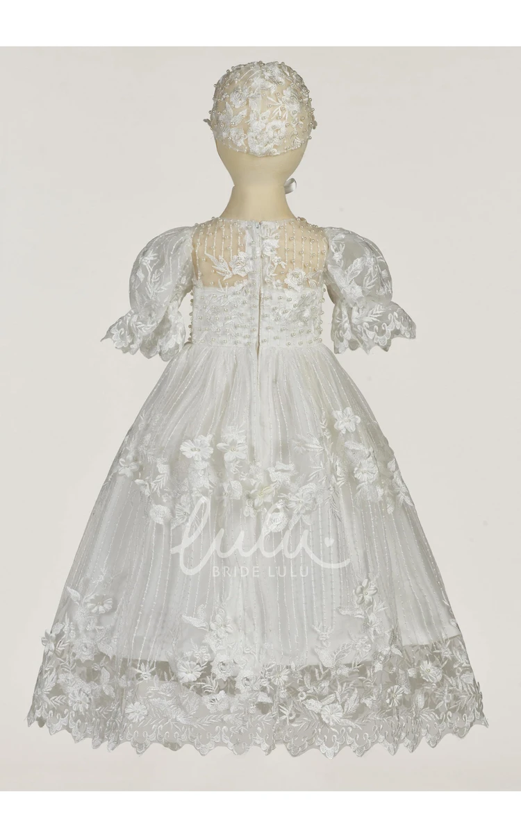 Flower and Pearl Embellished Lace Christening Dress Classic Baptism Gown