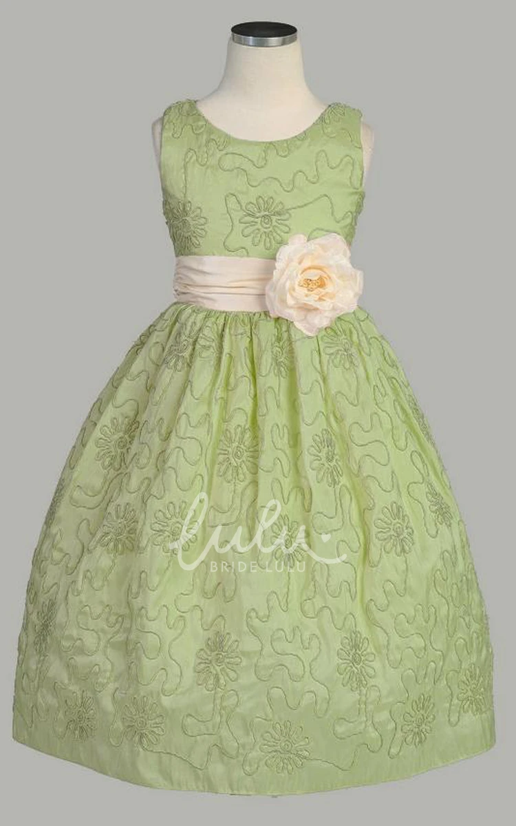 Embroidered Tea-Length Taffeta Flower Girl Dress with Floral Design