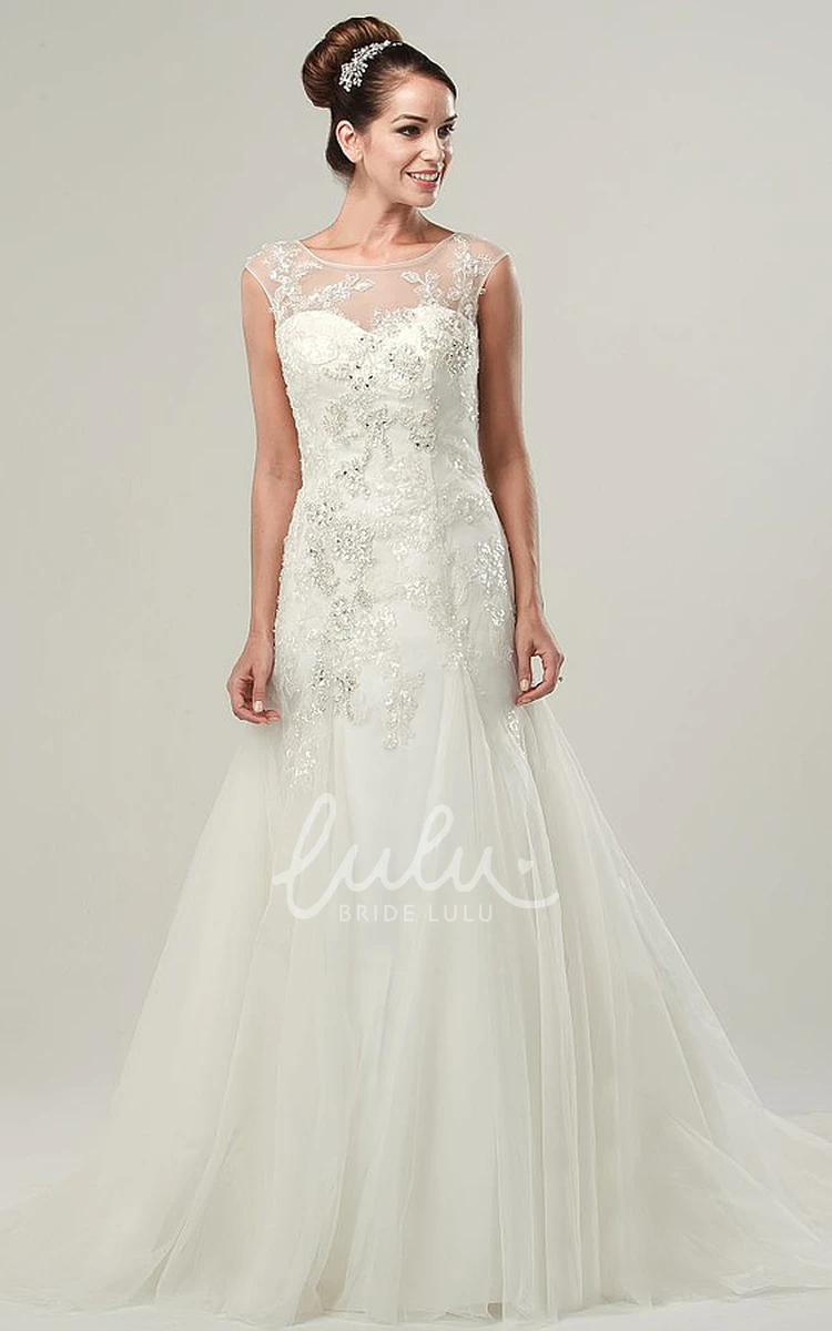 Beaded Tulle Wedding Dress with Cap-Sleeves & Appliques A-Line Style