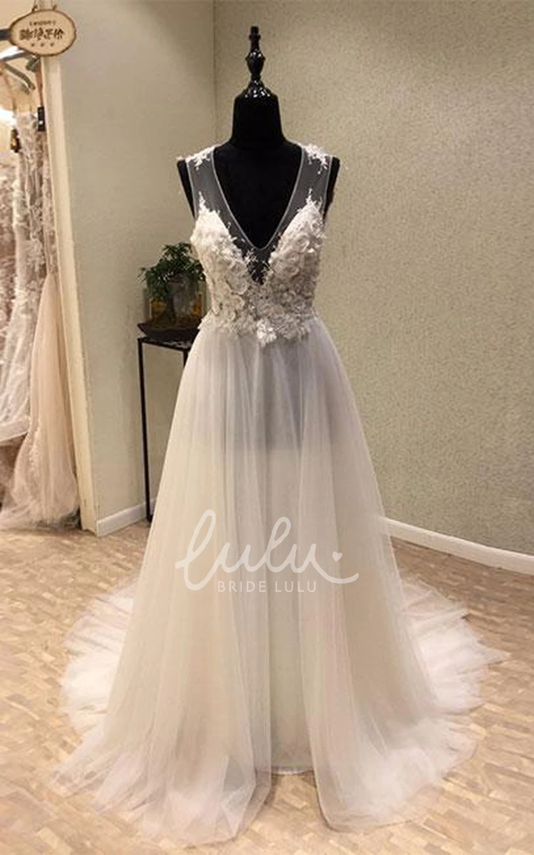 Enchanting Sleeveless V-neck Tulle Wedding Dress with Appliques Elegant Bridal Gown