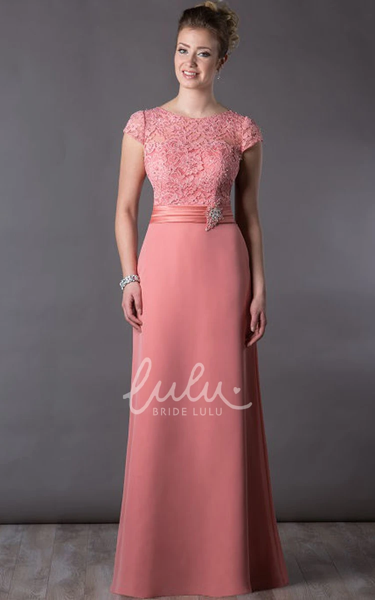 Long Mother of the Bride Dress with Cap Sleeve Lace Top and Crystal-Pearl Waist