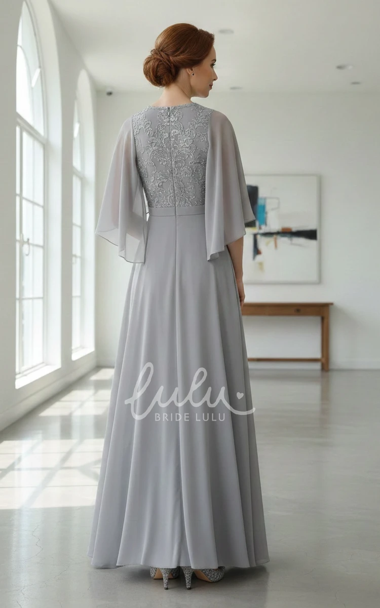 V-neck Elegant A-Line Floor-length Bat Sleeve Lace Appliques Mother of the Bride Dress