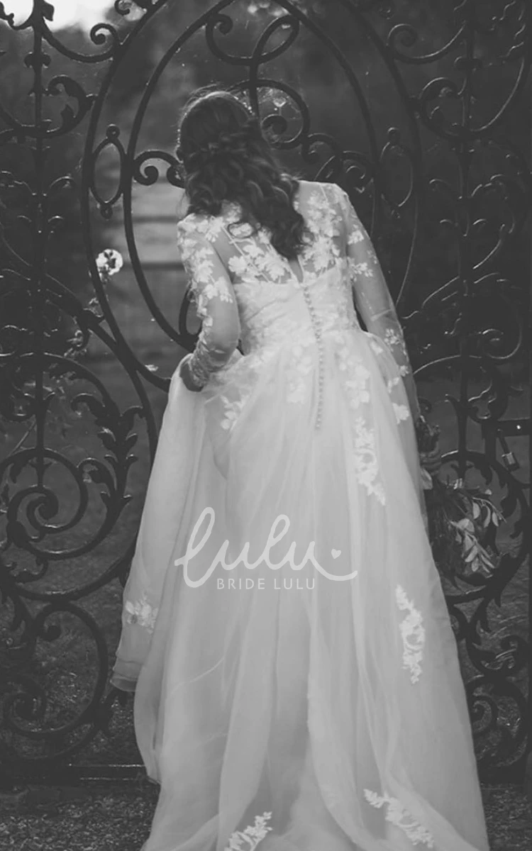 Modest Long Sleeve A-Line Tulle Wedding Dress with Appliques and Button Back