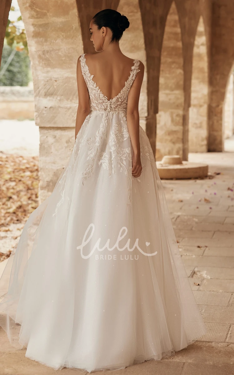 Elegant Garden Wedding Dresses Halter Style Applique Tulle Flowy Bridal Dress with Front Split