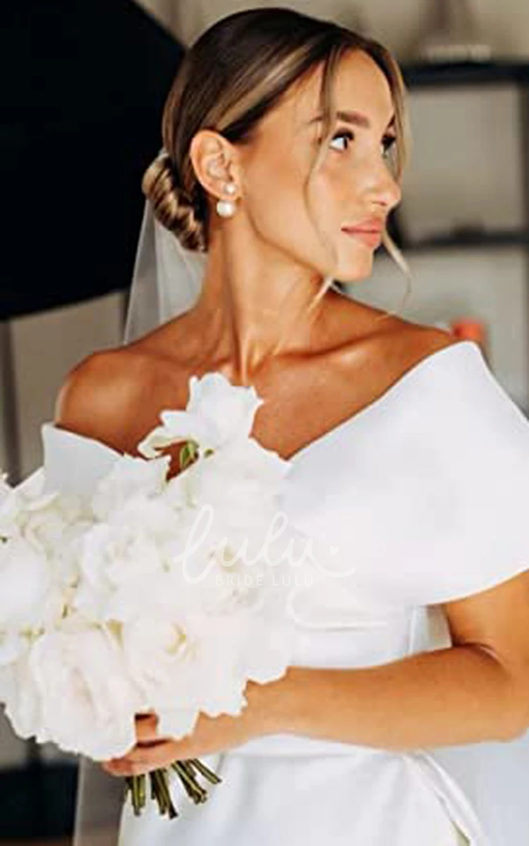 Elegant Satin A-Line Wedding Dress with Off-the-shoulder Neckline and Split Front Short Sleeves