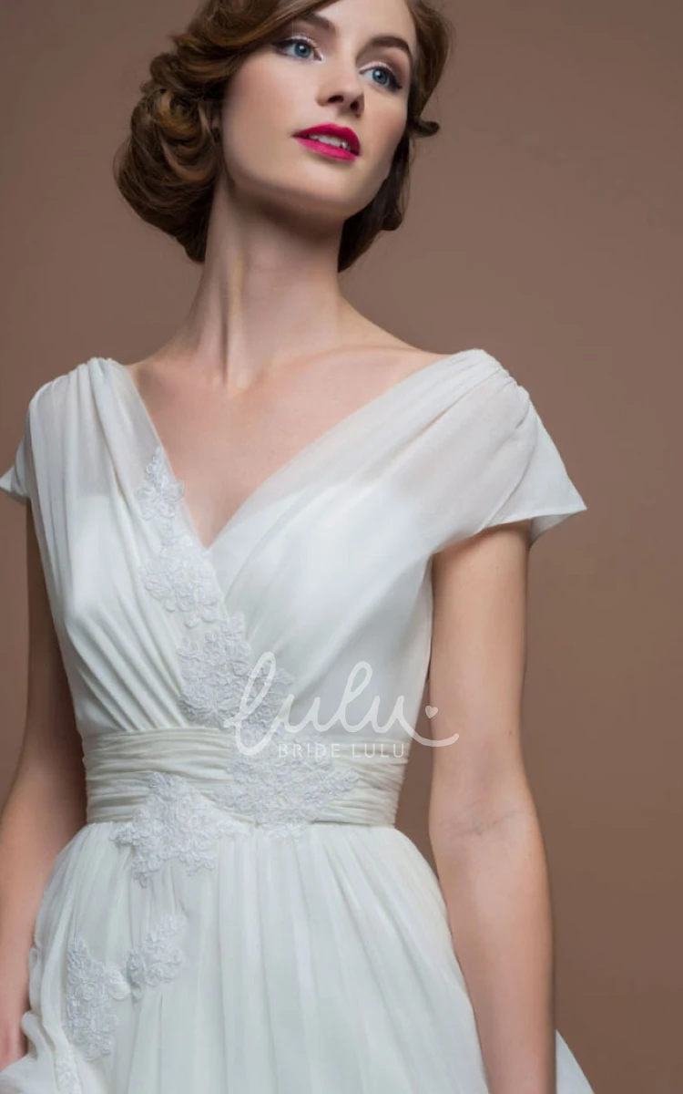Cap-Sleeve Tea-Length A-Line Tulle Wedding Dress With Appliques Unique Bridal Gown