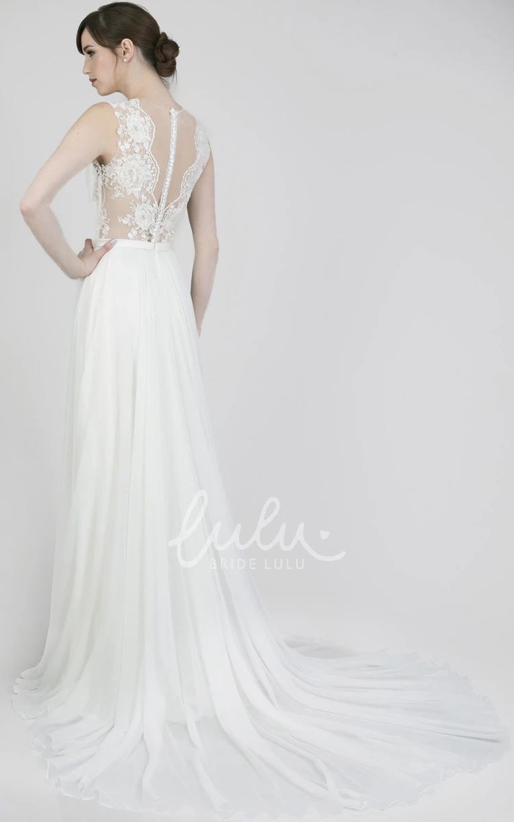 V-Neck Pleated Chiffon Wedding Dress with Court Train Illusion & Elegant