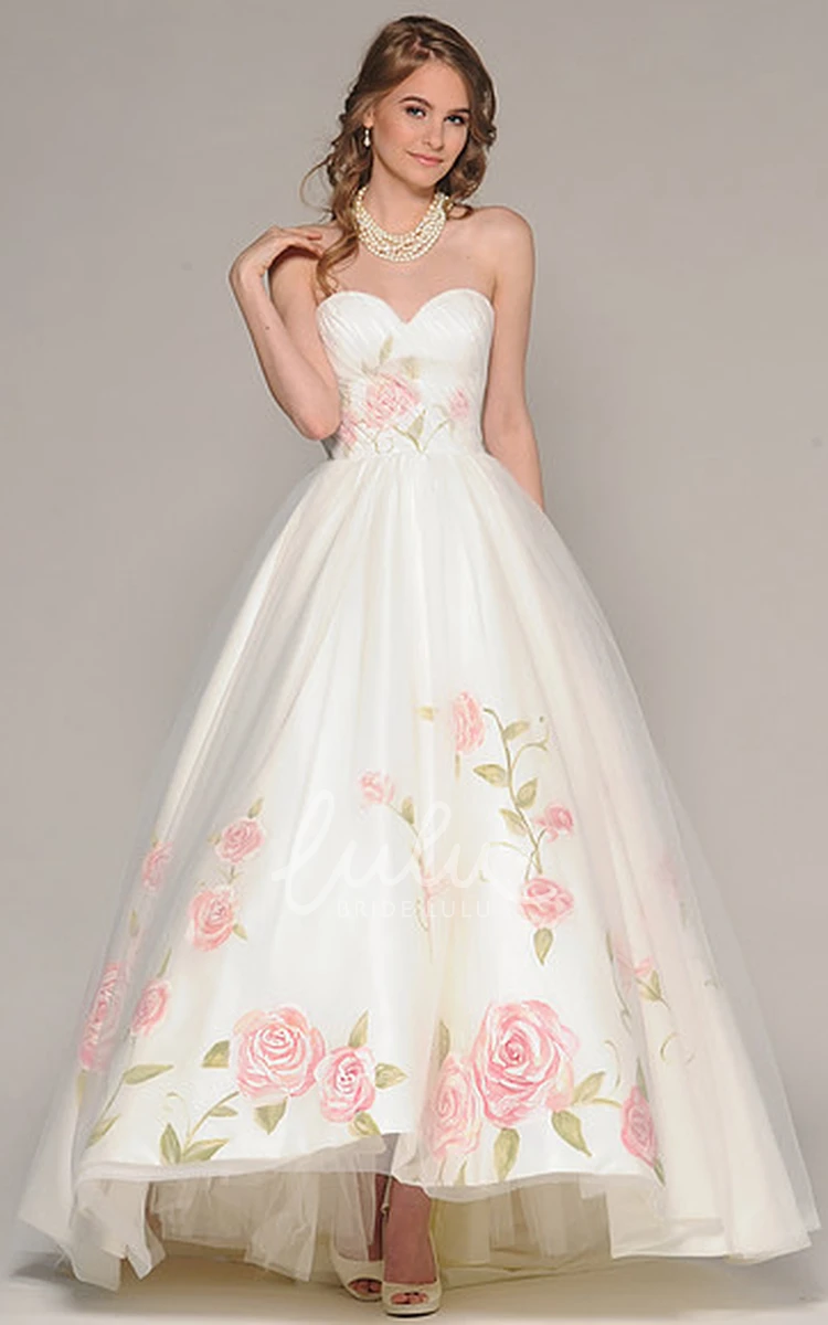 Embroidered High-Low Tulle Wedding Dress with Sweetheart Neckline and Bows