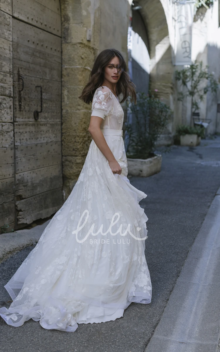 Tulle Plunging Floor Length Bridal Gown with Court Train