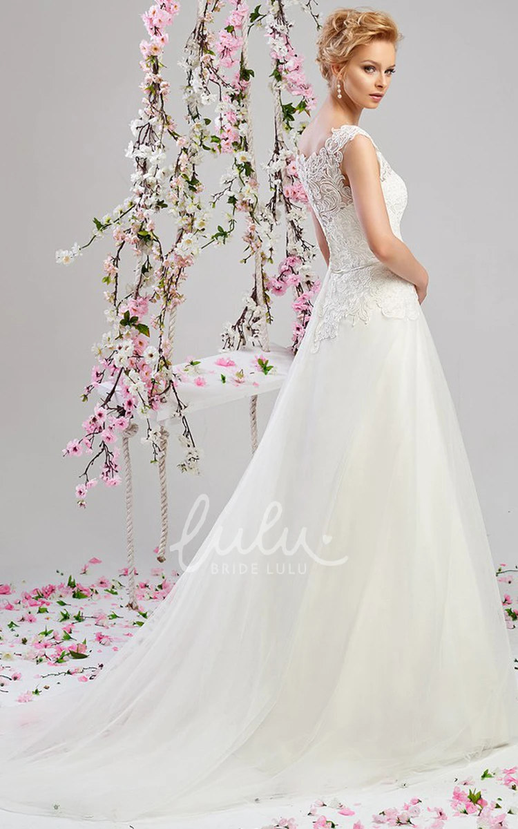 Cap-Sleeve Satin&Lace A-Line Wedding Dress Bateau-Neck