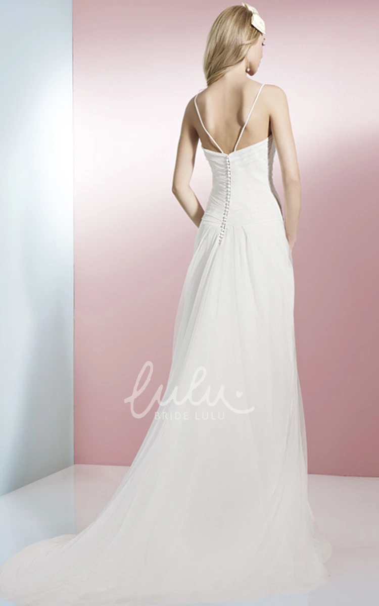 Long Jeweled Spaghetti Strap Wedding Dress with Draping and Low-V Back