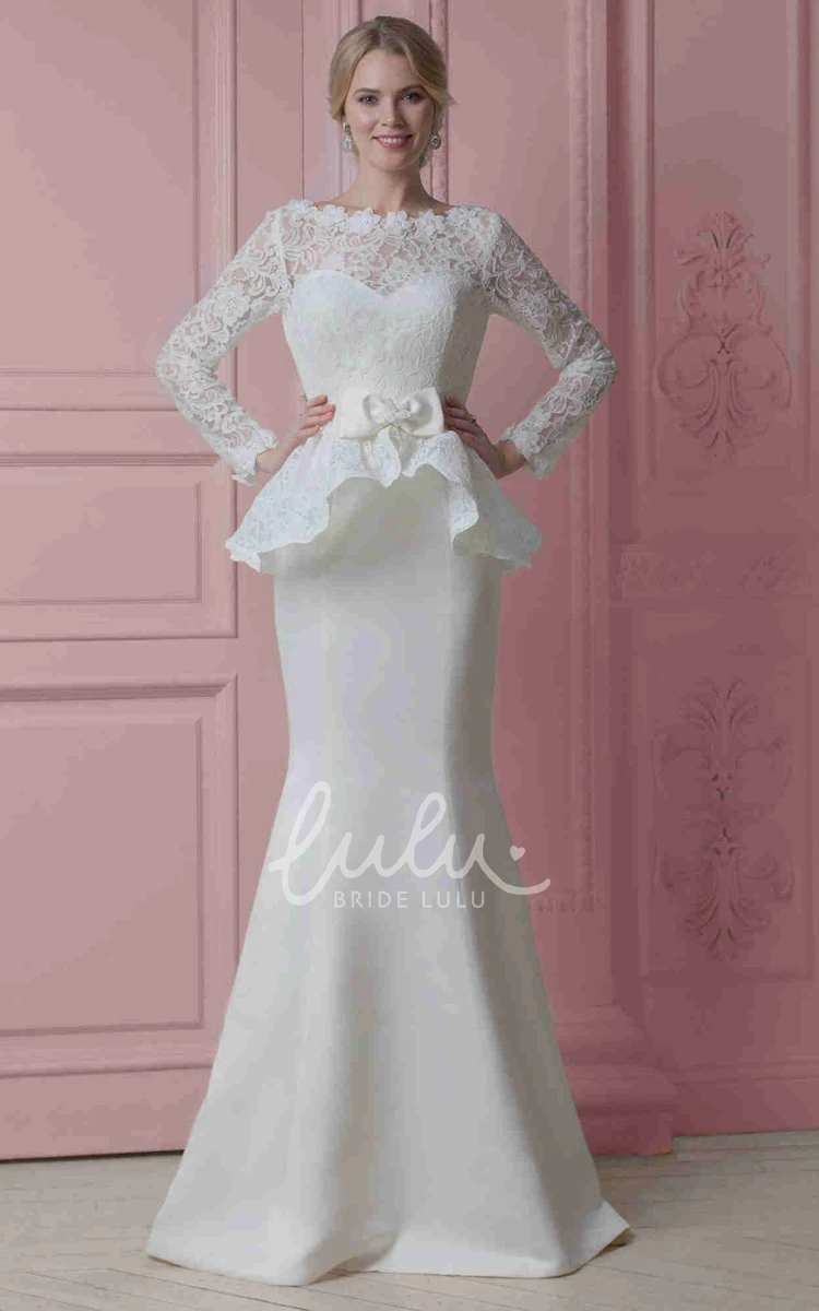 Bateau Satin Wedding Dress with Lace Peplum Long V Back Chapel Train