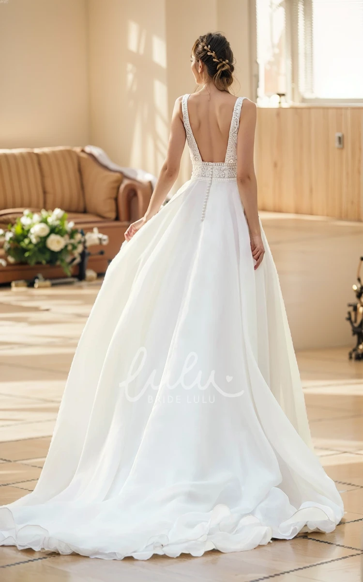 Sexy Romantic Boho Lace A-Line V-Neck Sleeveless Organza Wedding Dress Modern Floral Appliqued Backless Button Back Chapel Trian Bridal Gown